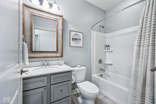 14458 Carlow Run, Carmel, IN 46074 - bathroom with shower / bath combo with shower curtain, toilet, vanity, and tile patterned flooring