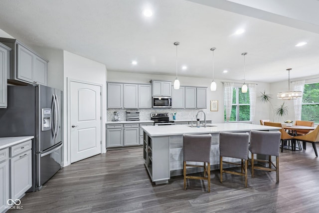 14458 Carlow Run, Carmel, IN 46074 - kitchen featuring appliances with stainless steel finishes, gray cabinets, a sink, dark wood-style floors, and backsplash