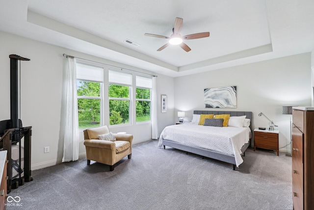 14458 Carlow Run, Carmel, IN 46074 - carpeted bedroom featuring a tray ceiling, a ceiling fan, and baseboards