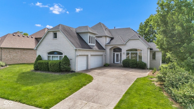 6610 Royal Oakland Dr, Indianapolis, IN 46236 - french country home with a garage, brick siding, concrete driveway, a front yard, and roof with shingles