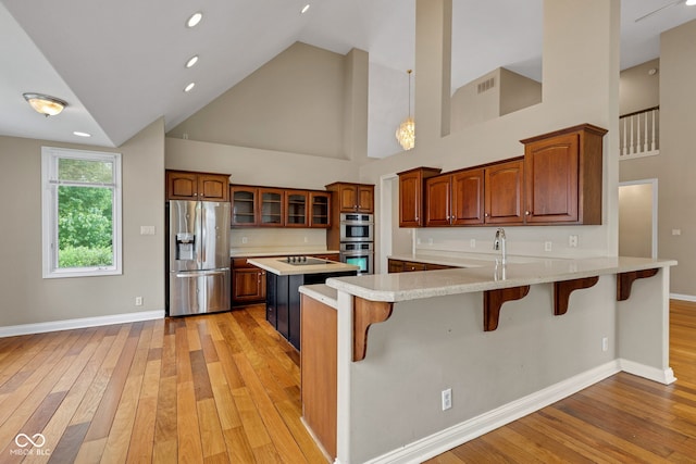 6610 Royal Oakland Dr, Indianapolis, IN 46236 - kitchen featuring appliances with stainless steel finishes, a peninsula, light wood-style floors, a kitchen breakfast bar, and high vaulted ceiling