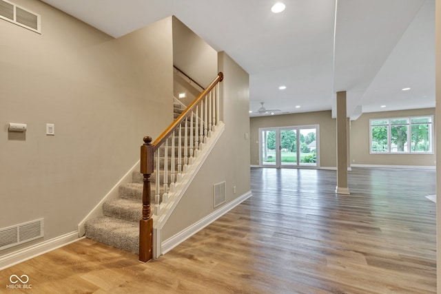 6610 Royal Oakland Dr, Indianapolis, IN 46236 - stairs with baseboards, recessed lighting, wood finished floors, and ceiling fan