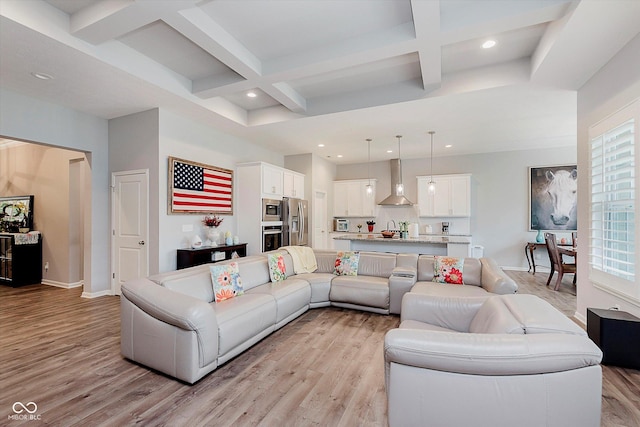 15593 Marsden Dr, Westfield, IN 46074 - living room with coffered ceiling, light wood finished floors, beamed ceiling, and recessed lighting