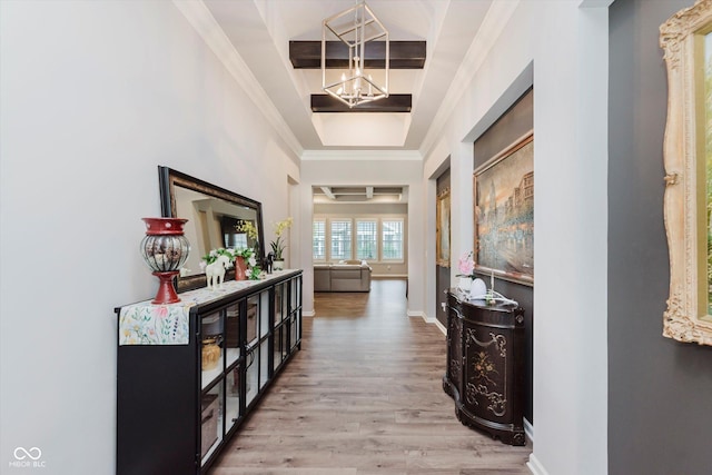 15593 Marsden Dr, Westfield, IN 46074 - hall featuring a chandelier, wood finished floors, and ornamental molding
