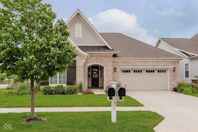 15593 Marsden Dr, Westfield, IN 46074 - view of front of house with concrete driveway, a garage, a front lawn, a shingled roof, and brick siding