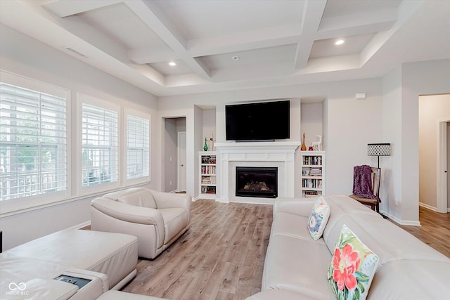 15593 Marsden Dr, Westfield, IN 46074 - living room with coffered ceiling, light wood finished floors, beamed ceiling, recessed lighting, and a fireplace