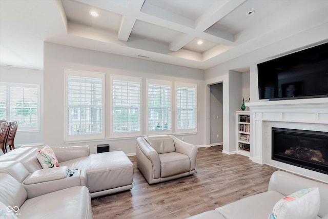 15593 Marsden Dr, Westfield, IN 46074 - living room featuring coffered ceiling, light wood-style floors, beam ceiling, recessed lighting, and a fireplace
