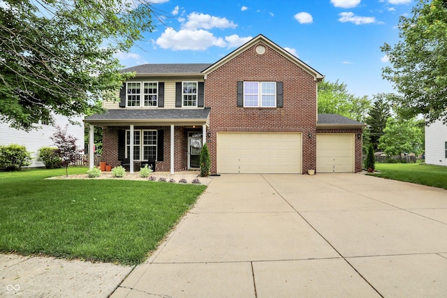 7312 Drum Castle Ct, Indianapolis, IN 46259 - traditional-style home with driveway, a front yard, brick siding, covered porch, and a garage