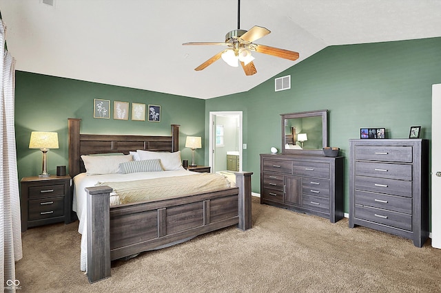 7312 Drum Castle Ct, Indianapolis, IN 46259 - bedroom featuring carpet floors, lofted ceiling, ensuite bath, and a ceiling fan