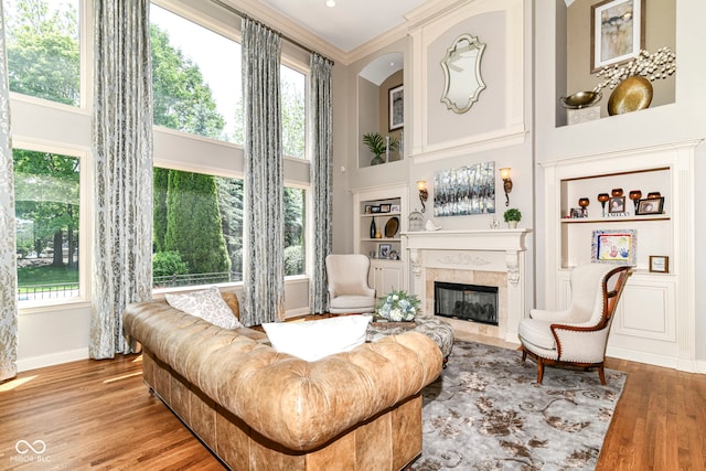 13909 Waterway Blvd, Fishers, IN 46040 - living area with a towering ceiling, built in shelves, baseboards, a fireplace with flush hearth, and wood finished floors