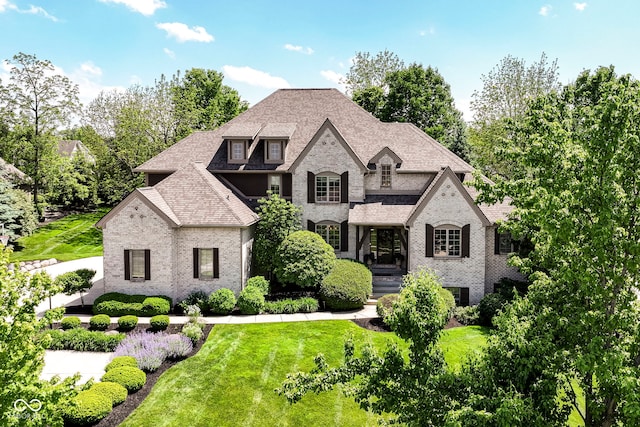 13909 Waterway Blvd, Fishers, IN 46040 - french country home with brick siding, a front lawn, and roof with shingles