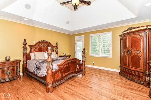 13909 Waterway Blvd, Fishers, IN 46040 - bedroom with light wood-style floors, ornamental molding, baseboards, recessed lighting, and a raised ceiling
