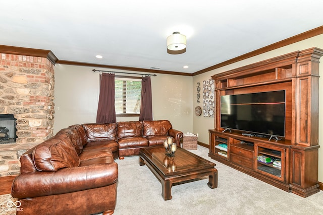 13909 Waterway Blvd, Fishers, IN 46040 - living area with ornamental molding, carpet, and a fireplace
