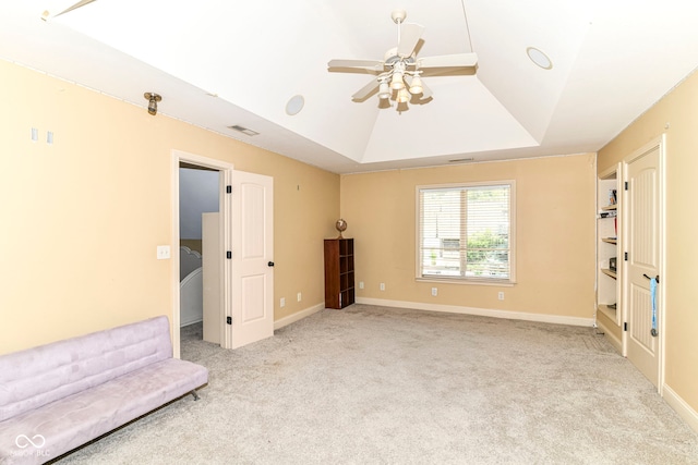 13909 Waterway Blvd, Fishers, IN 46040 - unfurnished living room featuring ceiling fan, light colored carpet, baseboards, and lofted ceiling
