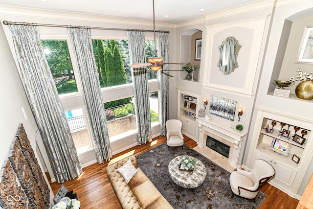 13909 Waterway Blvd, Fishers, IN 46040 - living room featuring built in features, wood finished floors, a high end fireplace, arched walkways, and ornamental molding