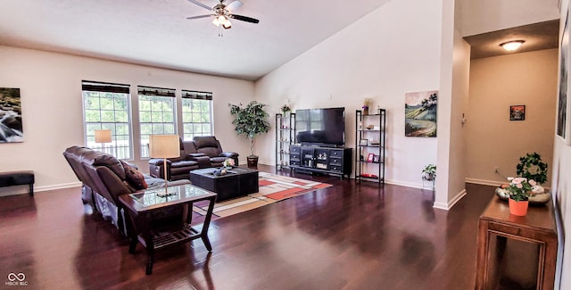 6110 Pelican Ln, Columbus, IN 47201 - living area featuring ceiling fan, wood finished floors, baseboards, and high vaulted ceiling