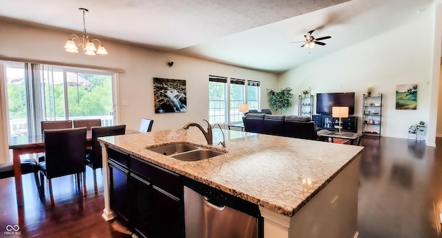 6110 Pelican Ln, Columbus, IN 47201 - kitchen with a sink, dishwasher, dark wood-type flooring, lofted ceiling, and decorative light fixtures