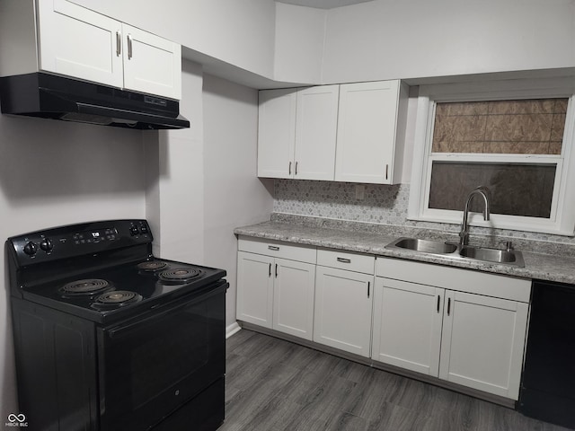 323-325 N Gladstone Ave, Indianapolis, IN 46201 - kitchen with electric range, under cabinet range hood, a sink, dishwasher, and white cabinetry