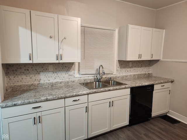 323-325 N Gladstone Ave, Indianapolis, IN 46201 - kitchen with a sink, black dishwasher, white cabinets, dark wood-type flooring, and decorative backsplash
