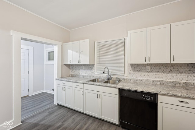 323-325 N Gladstone Ave, Indianapolis, IN 46201 - kitchen with dishwasher, a sink, dark wood-style floors, backsplash, and ornamental molding