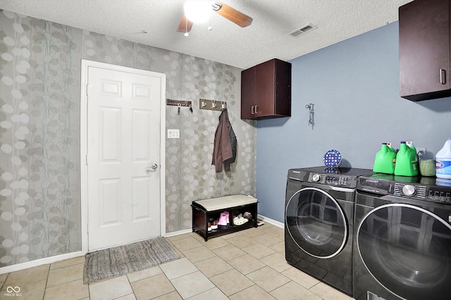 9001 Harrison Run Ct, Indianapolis, IN 46256 - washroom with wallpapered walls, cabinet space, a ceiling fan, independent washer and dryer, and a textured ceiling