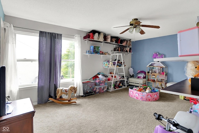 9001 Harrison Run Ct, Indianapolis, IN 46256 - rec room with carpet flooring, a ceiling fan, and a textured ceiling