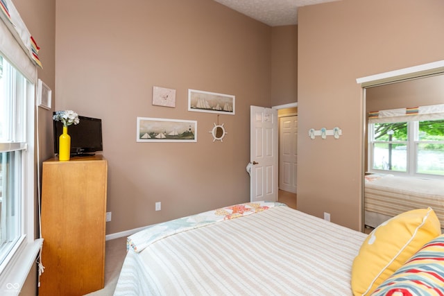3403 Island Way, Indianapolis, IN 46214 - carpeted bedroom with multiple windows, a high ceiling, and baseboards