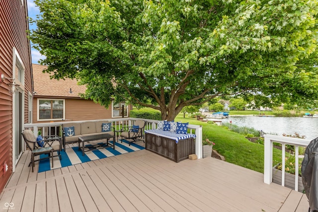 3403 Island Way, Indianapolis, IN 46214 - deck with an outdoor living space, a water view, and a lawn
