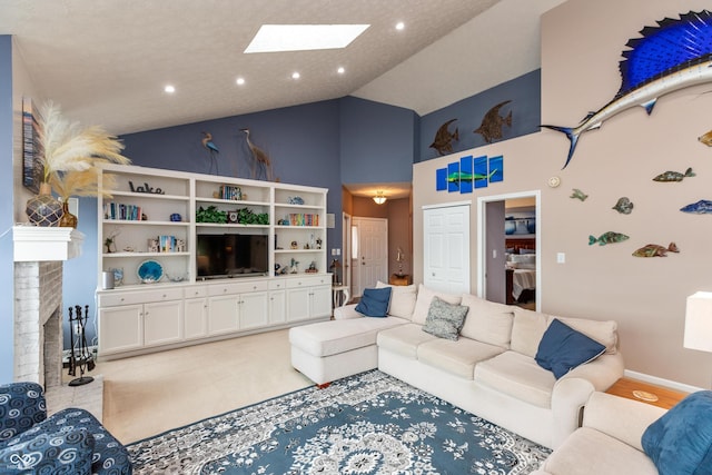 3403 Island Way, Indianapolis, IN 46214 - living area featuring high vaulted ceiling, a skylight, a fireplace, baseboards, and recessed lighting