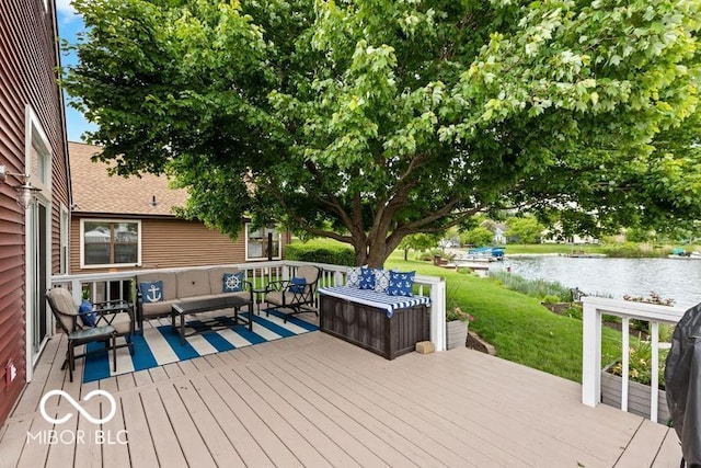 3403 Island Way, Indianapolis, IN 46214 - wooden deck with an outdoor hangout area, a water view, and a yard