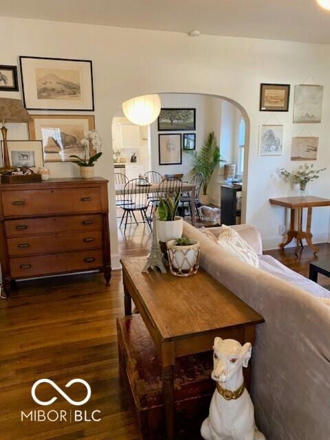 1311 N Oakland Ave, Indianapolis, IN 46201 - living room with arched walkways and dark wood finished floors