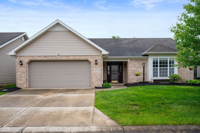 2717 W Long Meadow Ln, Muncie, IN 47304 - single story home with brick siding, an attached garage, a front yard, driveway, and roof with shingles