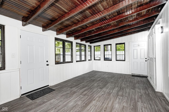 7414 Mendenhall Rd, Camby, IN 46113 - foyer entrance featuring dark wood-style flooring, a decorative wall, and wood ceiling with exposed beams