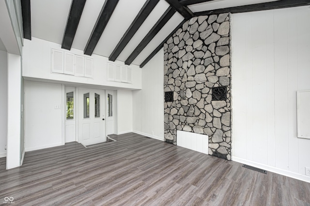 7414 Mendenhall Rd, Camby, IN 46113 - unfurnished living room featuring beamed ceiling, wood finished floors, baseboards, and high vaulted ceiling
