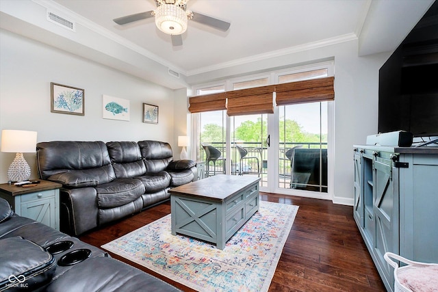 20971 Shoreline Ct Unit 201, Noblesville, IN 46062 - living area featuring a ceiling fan, dark wood finished floors, and ornamental molding