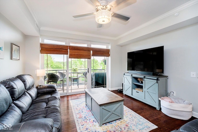 20971 Shoreline Ct Unit 201, Noblesville, IN 46062 - living room with ceiling fan, crown molding, and dark wood finished floors