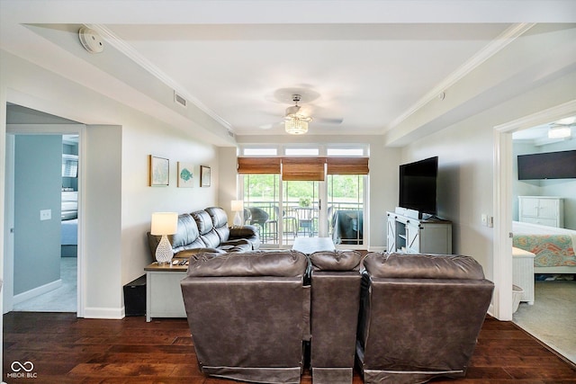 20971 Shoreline Ct Unit 201, Noblesville, IN 46062 - living area with ornamental molding, wood finished floors, and ceiling fan