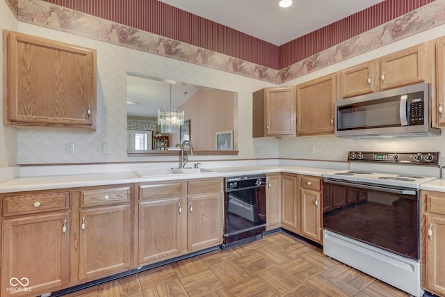 2025 Flamingo Way, Franklin, IN 46131 - kitchen with electric range, stainless steel microwave, dishwasher, a sink, and wallpapered walls