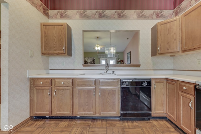 2025 Flamingo Way, Franklin, IN 46131 - kitchen with dishwasher, wallpapered walls, a sink, a ceiling fan, and light countertops