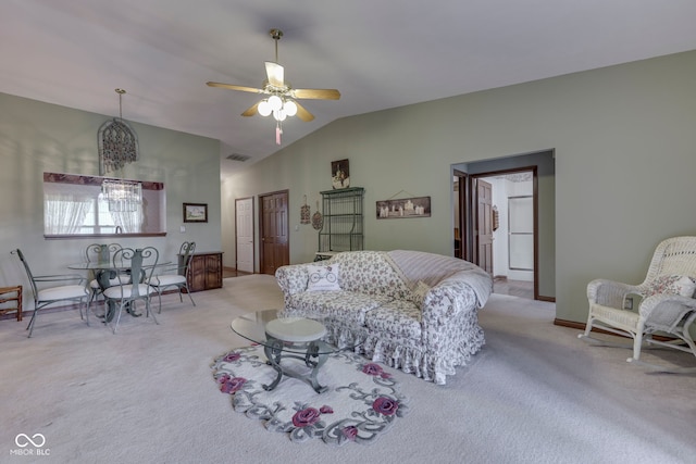 2025 Flamingo Way, Franklin, IN 46131 - living room featuring light carpet, lofted ceiling, and a ceiling fan