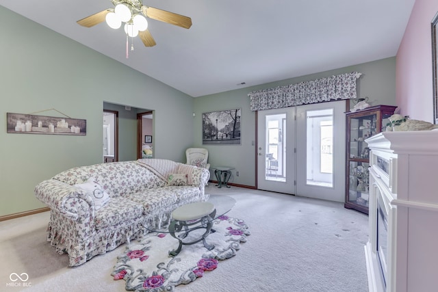 2025 Flamingo Way, Franklin, IN 46131 - living room featuring light colored carpet, lofted ceiling, baseboards, and a ceiling fan