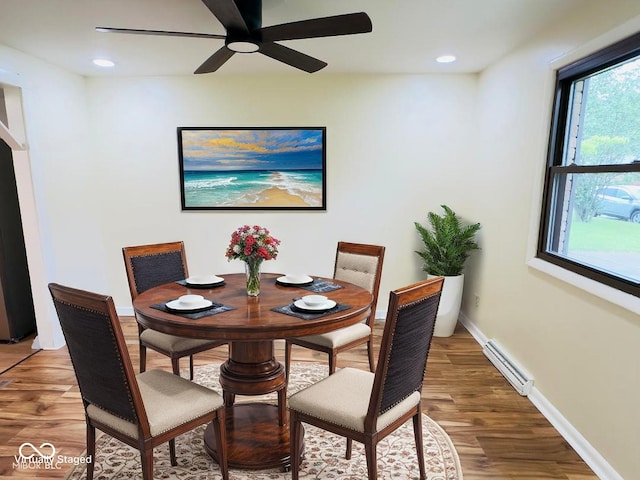5130 Navajo Ct, Columbus, IN 47203 - dining area featuring ceiling fan, light wood finished floors, baseboards, and recessed lighting
