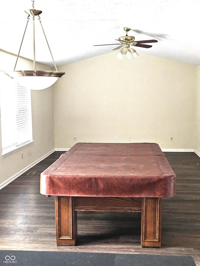 3916 Jekyll Ct, Indianapolis, IN 46237 - dining space with pool table, dark wood-type flooring, vaulted ceiling, ceiling fan, and baseboards