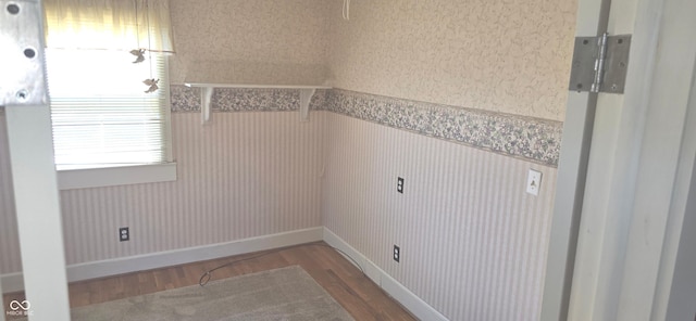 3107 N 100 W, Shelbyville, IN 46176 - washroom featuring wood finished floors, wallpapered walls, a wainscoted wall, and baseboards