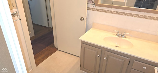 3107 N 100 W, Shelbyville, IN 46176 - bathroom featuring vanity, tile walls, and wood finished floors