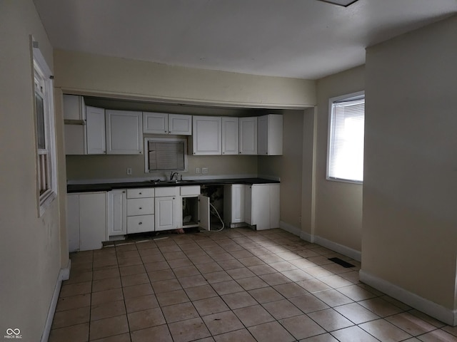 2707-2709 N College Ave, Indianapolis, IN 46205 - kitchen featuring a sink, baseboards, dark countertops, and white cabinets