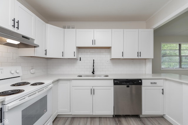 625 E 106th St, Carmel, IN 46280 - kitchen with stainless steel dishwasher, white electric range oven, a sink, under cabinet range hood, and light countertops