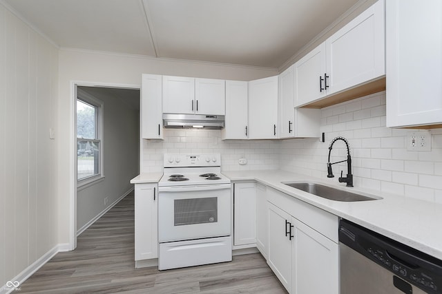 625 E 106th St, Carmel, IN 46280 - kitchen with electric range, stainless steel dishwasher, under cabinet range hood, a sink, and tasteful backsplash