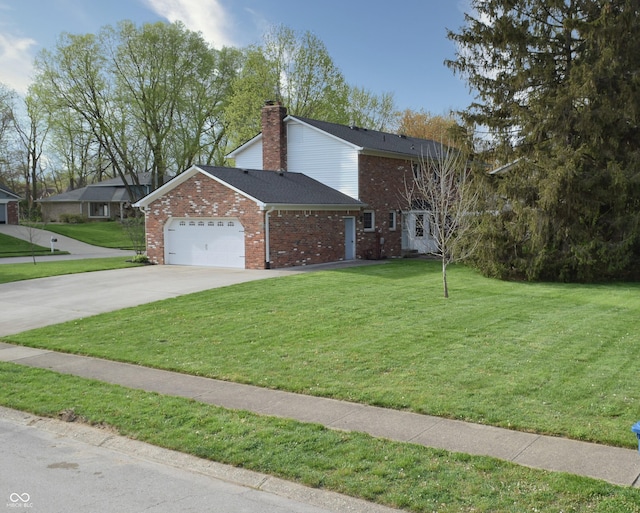 10245 Briar Creek Ln, Carmel, IN 46033 - view of front of house featuring brick siding, an attached garage, a front lawn, a chimney, and concrete driveway