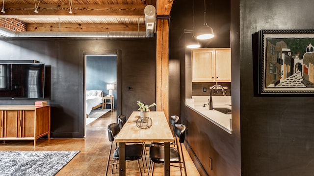 55 S Harding St Unit 308, Indianapolis, IN 46222 - dining room featuring wood ceiling with exposed beams and concrete flooring